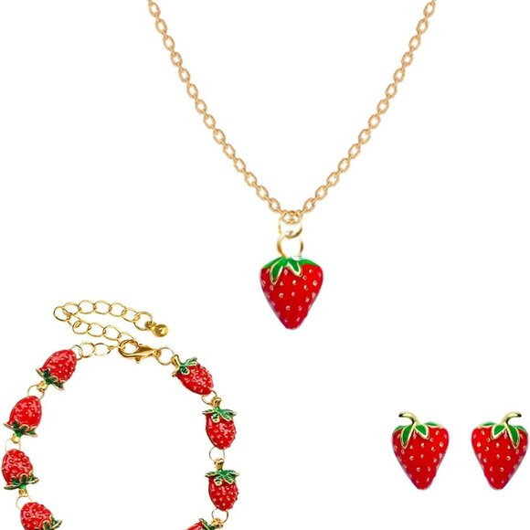 Strawberry Jewelry Set Copper Alloy 3PCS Necklace Earrings Bracelet Gifts - Picture 1 of 9